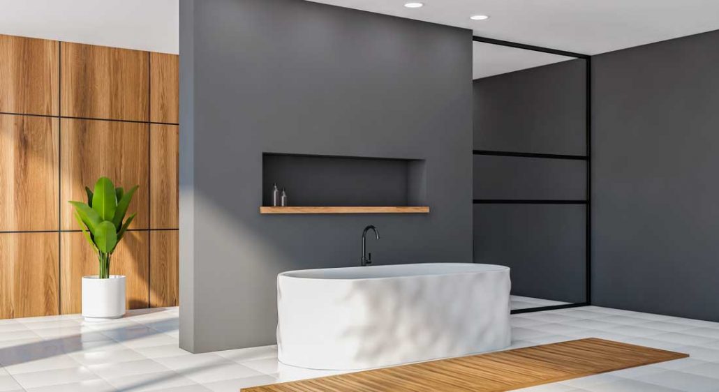 Roh moderní koupelny s dřevěnými a šedými stěnami